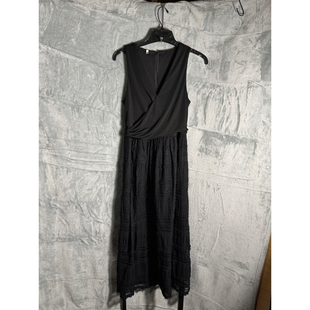 Eli Tahari Black Sleeveless faux Wrap Front Lace Midi Dress Size S lace‎ detail